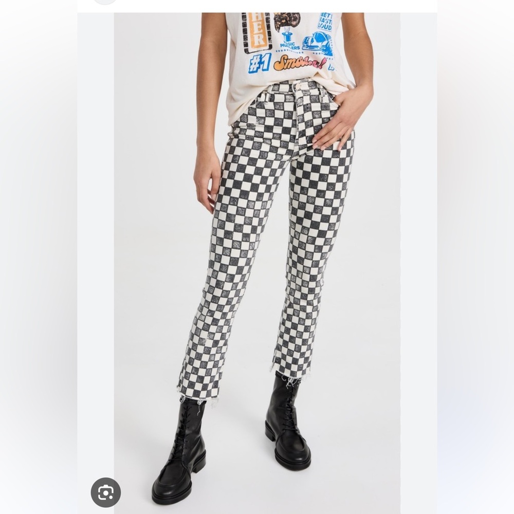Mother Denim The Insider Fray Checkered Black and White Pants